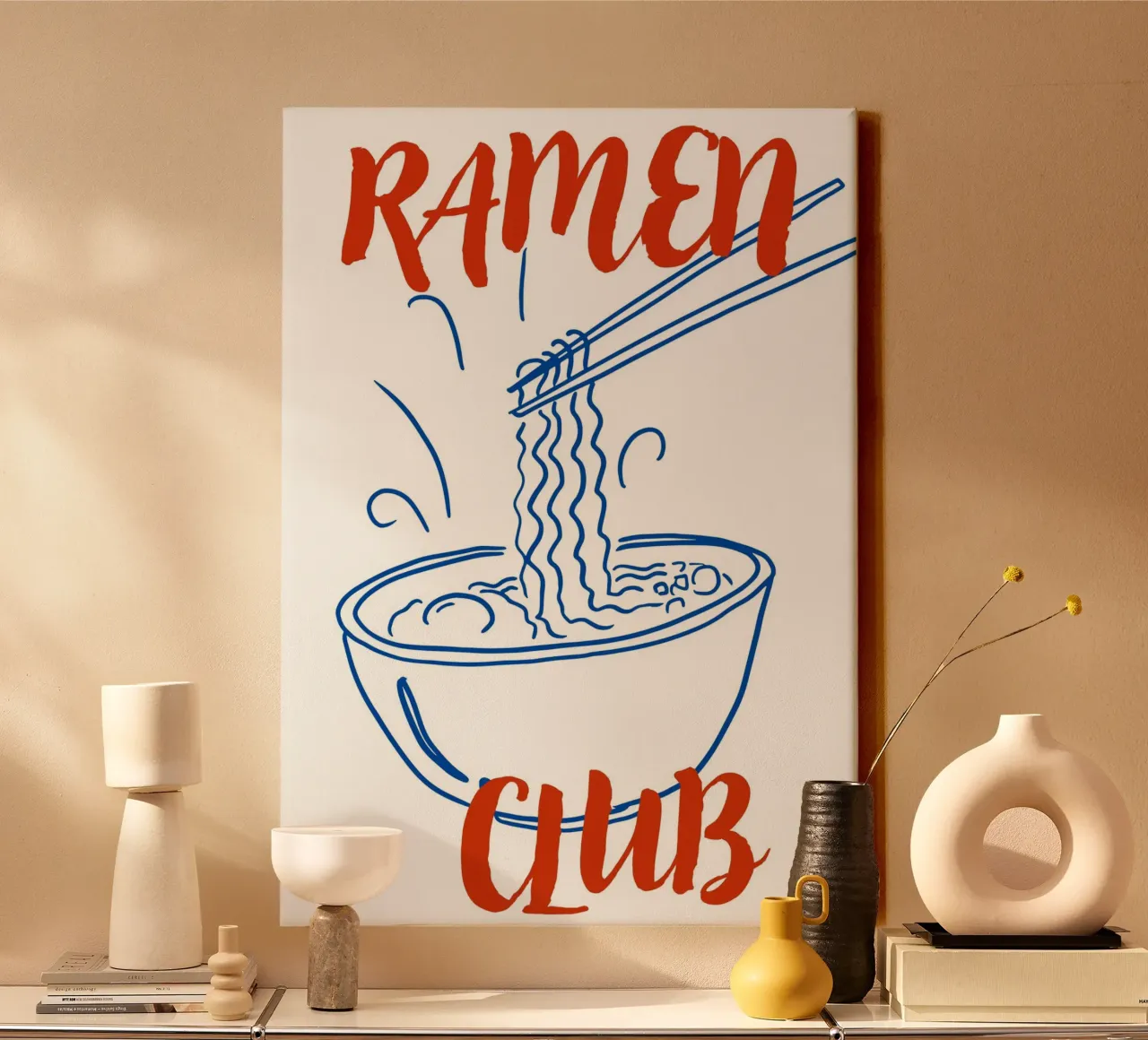 Illustrazione di una ciotola di ramen disegnata a mano con tipografia in grassetto tela con Cornice a cassetta da pdigitalprints