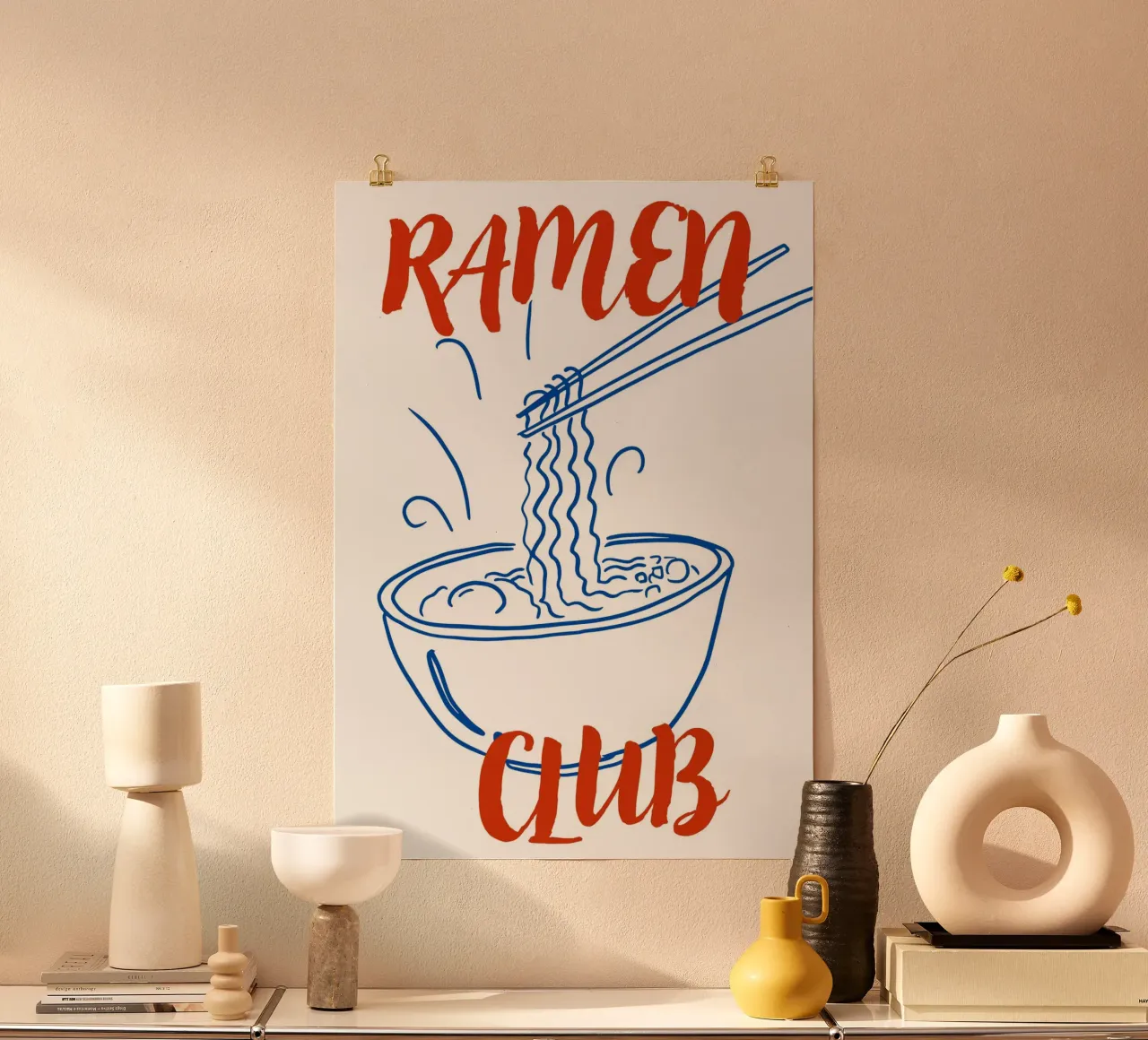 Illustrazione di una ciotola di ramen disegnata a mano con tipografia in grassetto poster da pdigitalprints