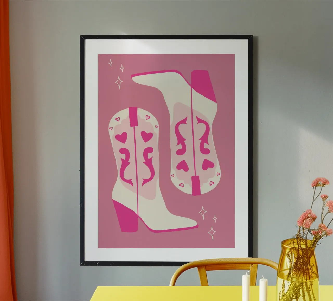 Ilustración de botas vaqueras western rosas con corazones poster con marco de plástico de pdigitalprints