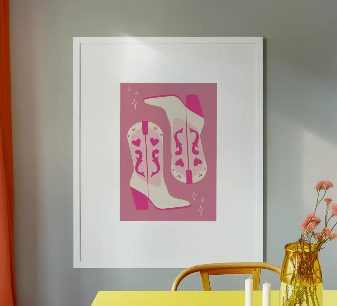 Ilustración de botas vaqueras western rosas con corazones poster con marco de plástico de pdigitalprints