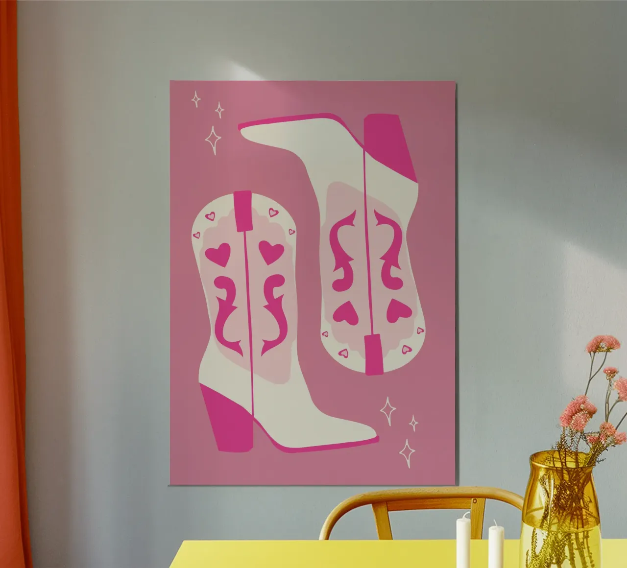 Ilustración de botas vaqueras western rosas con corazones poster con marco de plástico de pdigitalprints