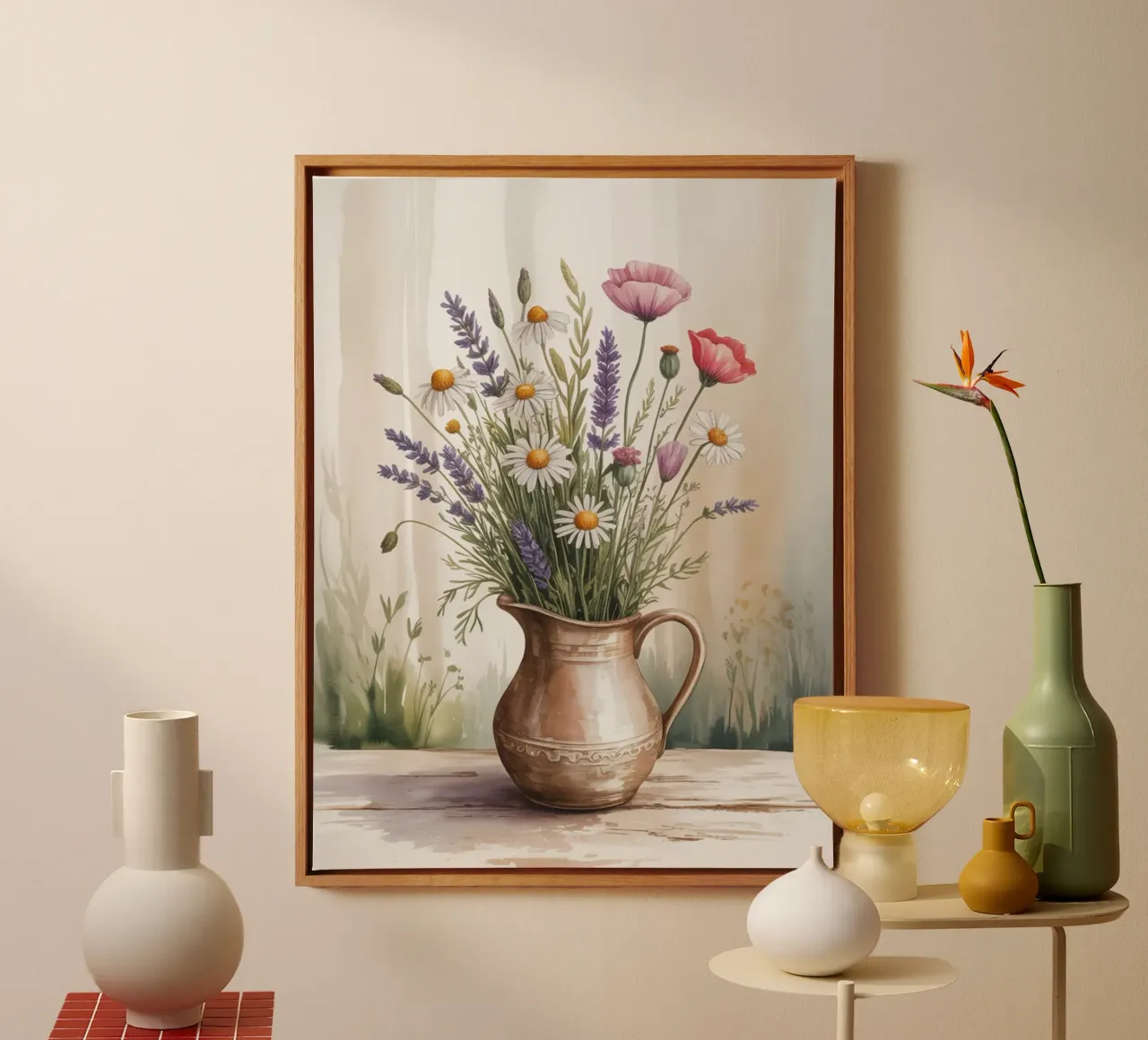 Boeket wilde bloemen - Aquarel Botanische Kunstdruk canvas met Baklijst van logic