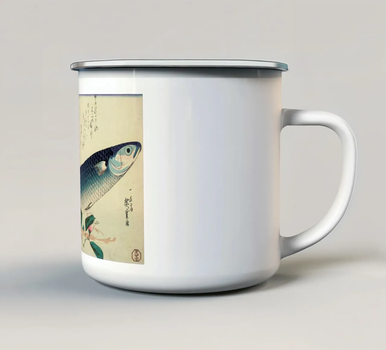 Hiroshige - Grey Mullet, Camellia and Udo tazza in smalto da ARTOTHEK