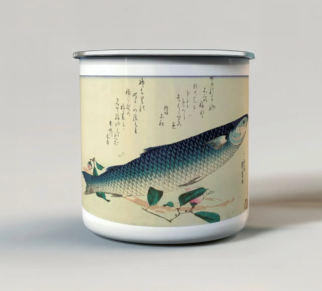 Hiroshige - Grey Mullet, Camellia and Udo tazza in smalto da ARTOTHEK