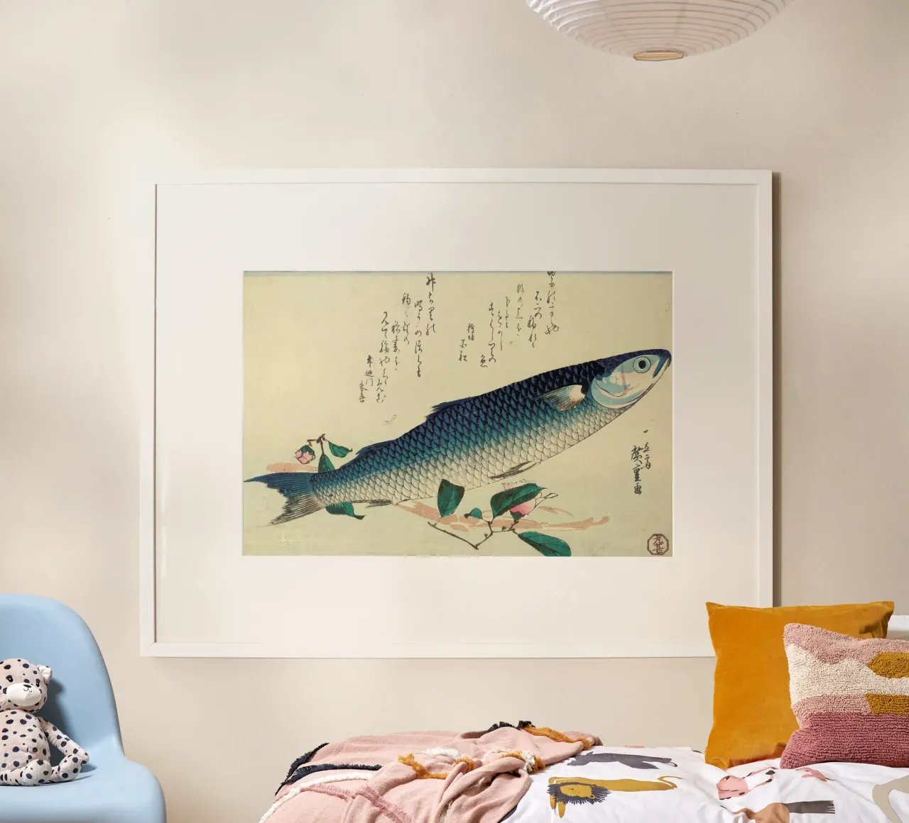 Hiroshige - Grey Mullet, Camellia and Udo poster con telaio in alluminio da ARTOTHEK