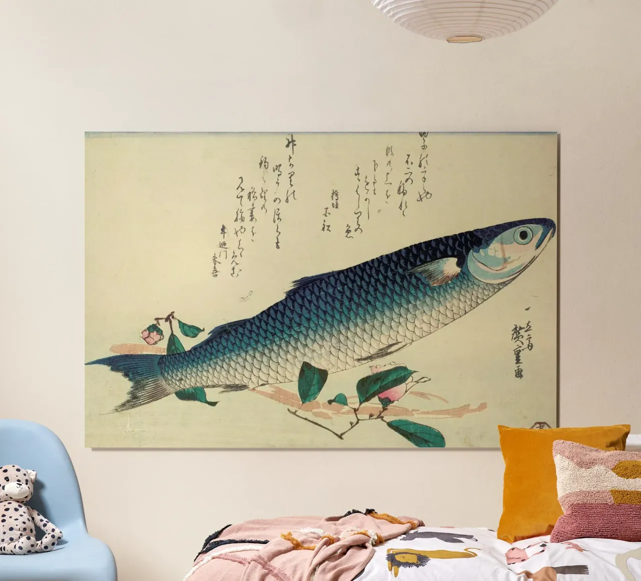 Hiroshige - Grey Mullet, Camellia and Udo poster con telaio in alluminio da ARTOTHEK