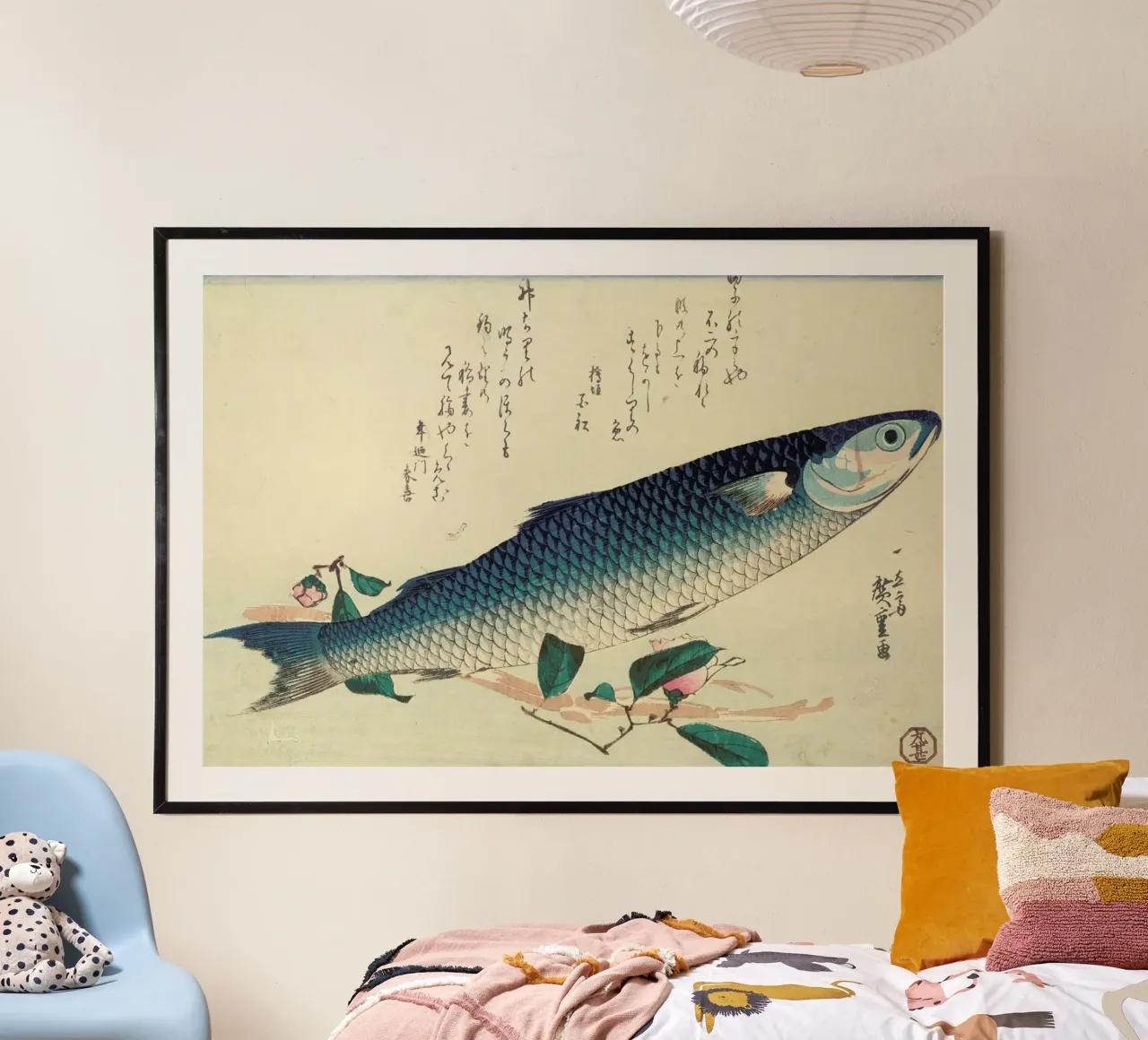 Hiroshige - Grey Mullet, Camellia and Udo poster con telaio in alluminio da ARTOTHEK