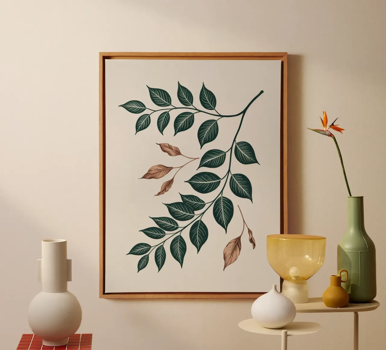 Falling Leaves – Botanical Minimalist Print in Earth Tones canvas with Floater frame by logic