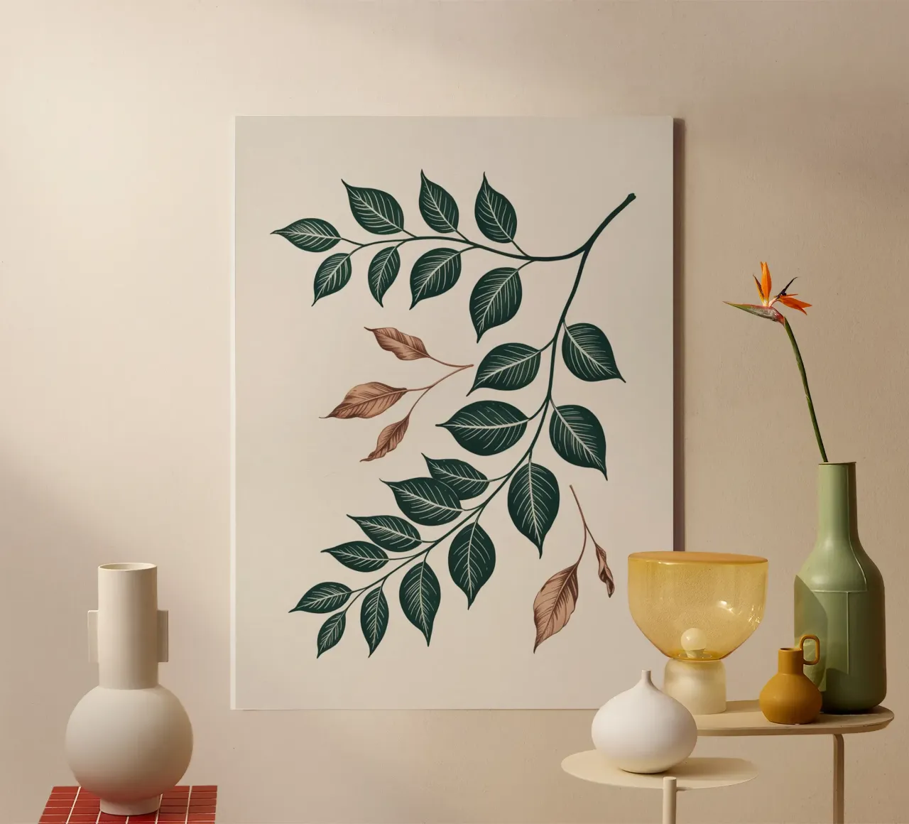 Falling Leaves – Botanical Minimalist Print in Earth Tones canvas with Floater frame by logic