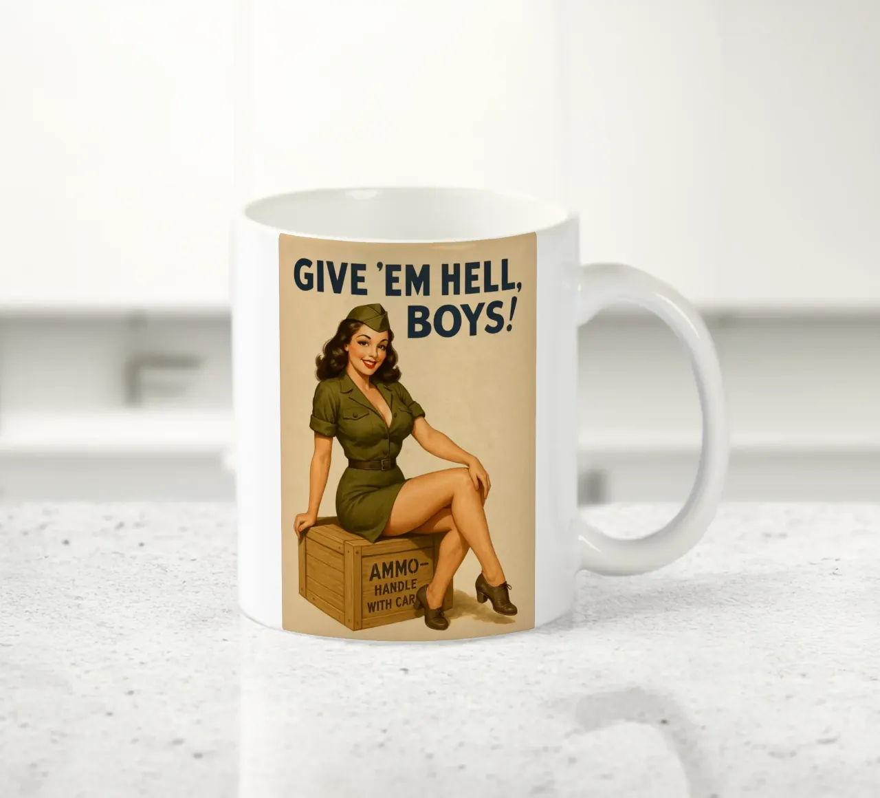 Give em Hell, Boys Poster pinup d'epoca tazza in ceramica da Hecate Pim Designs