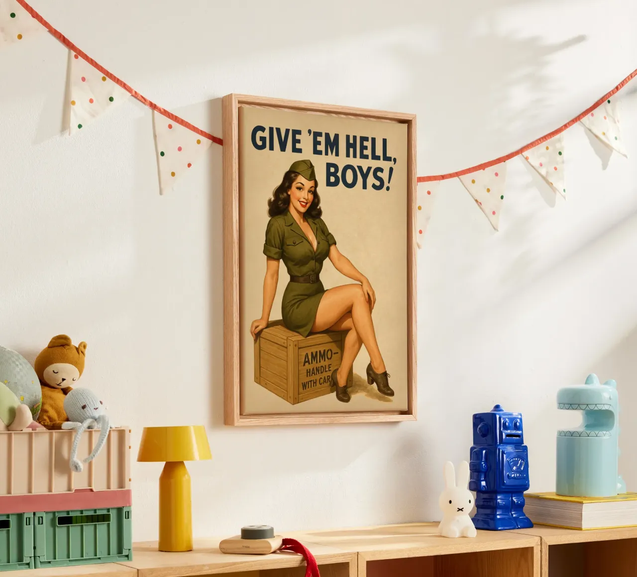 Geef ze op hun donder, jongens Vintage Pinup Poster canvas met Baklijst van Hecate Pim Designs
