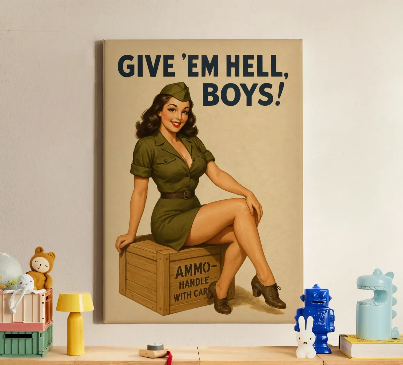 Geef ze op hun donder, jongens Vintage Pinup Poster canvas met Baklijst van Hecate Pim Designs