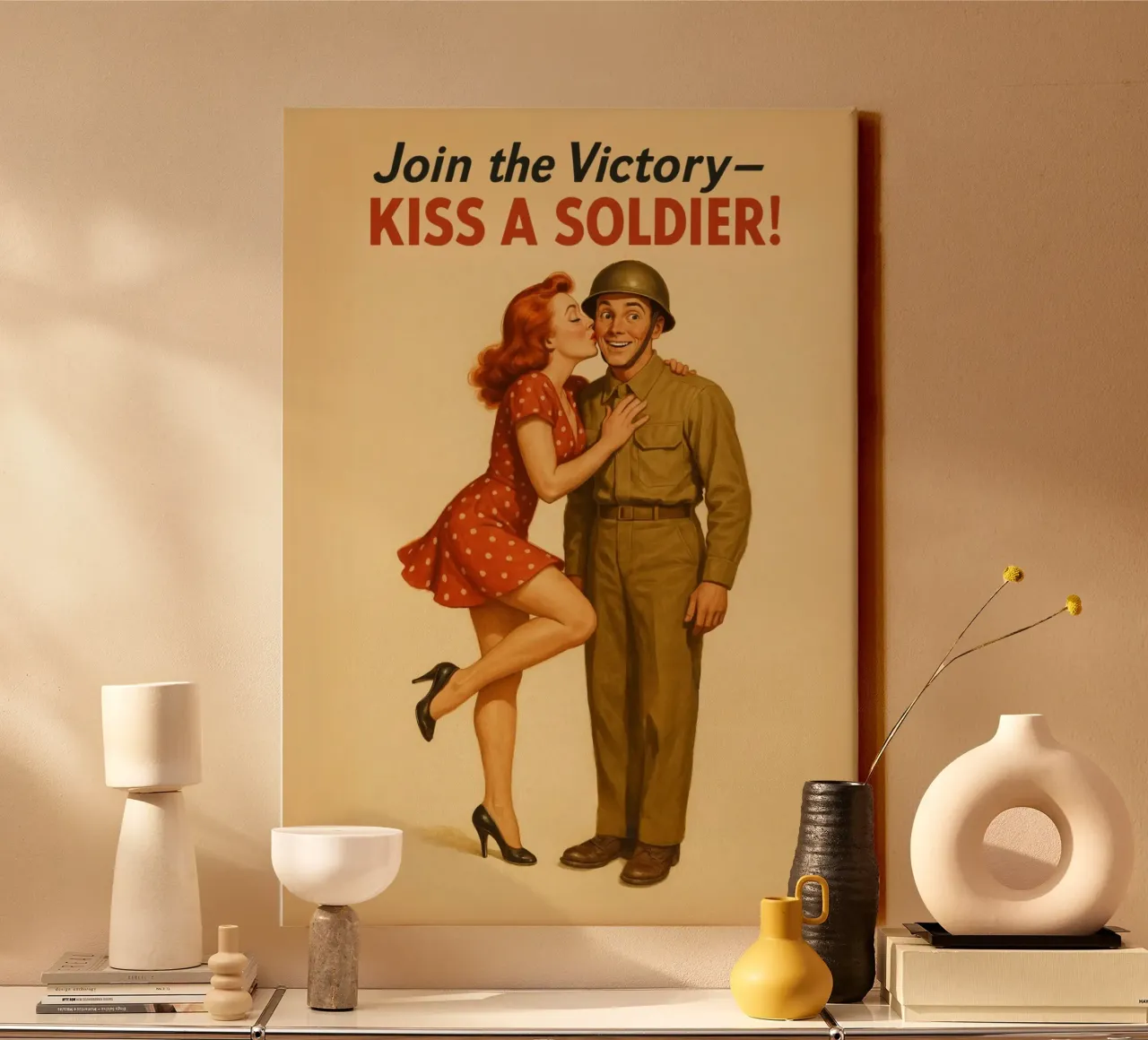 Unisciti alla vittoria Bacia un soldato Poster pinup vintage tela con Cornice a cassetta da Hecate Pim Designs