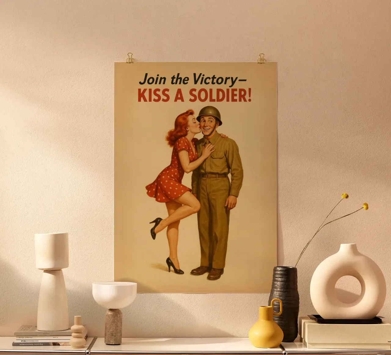 Unisciti alla vittoria Bacia un soldato Poster pinup vintage poster con telaio in alluminio da Hecate Pim Designs
