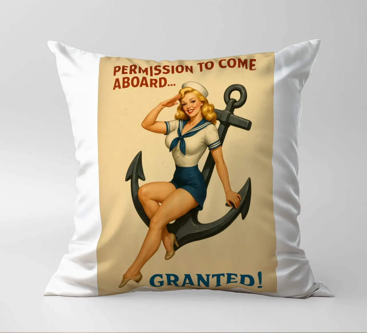 Permesso di salire a bordo Poster Pinup d'epoca cuscino da Hecate Pim Designs