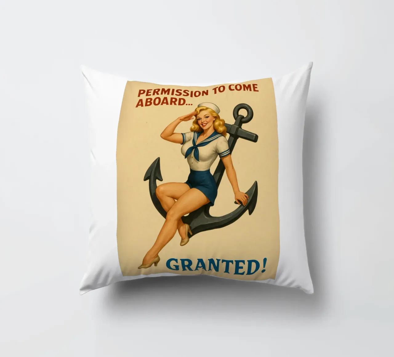Permesso di salire a bordo Poster Pinup d'epoca cuscino da Hecate Pim Designs