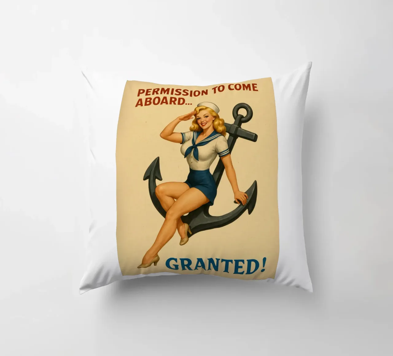 Permesso di salire a bordo Poster Pinup d'epoca cuscino da Hecate Pim Designs