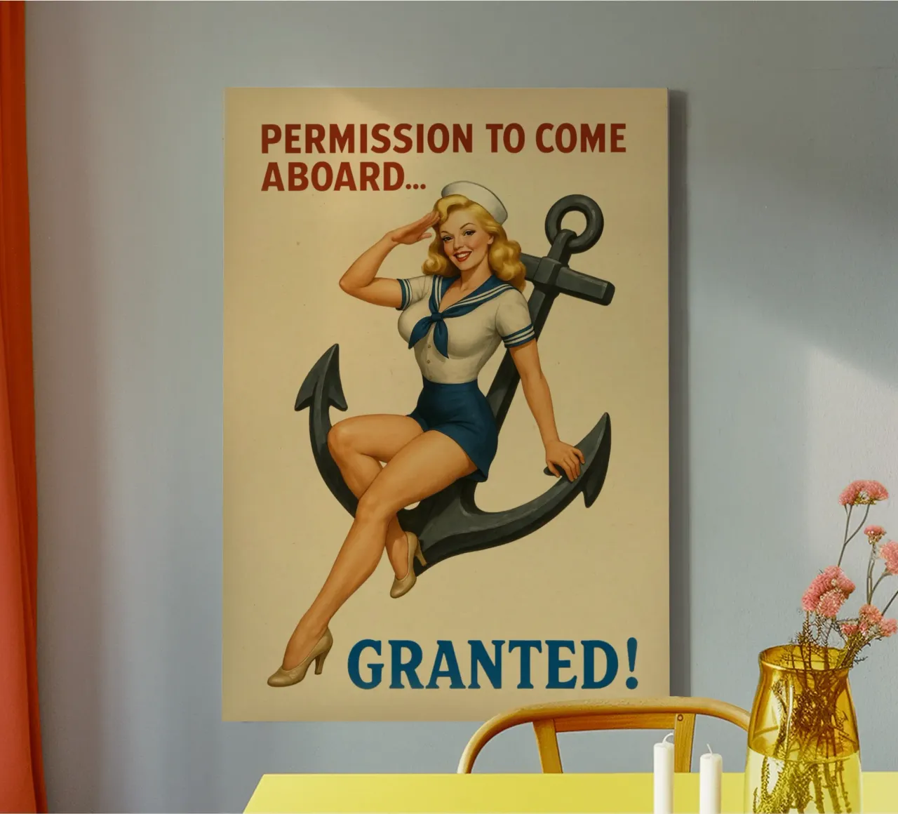 Toestemming om aan boord te komen Vintage Pinup Poster canvas met Baklijst van Hecate Pim Designs