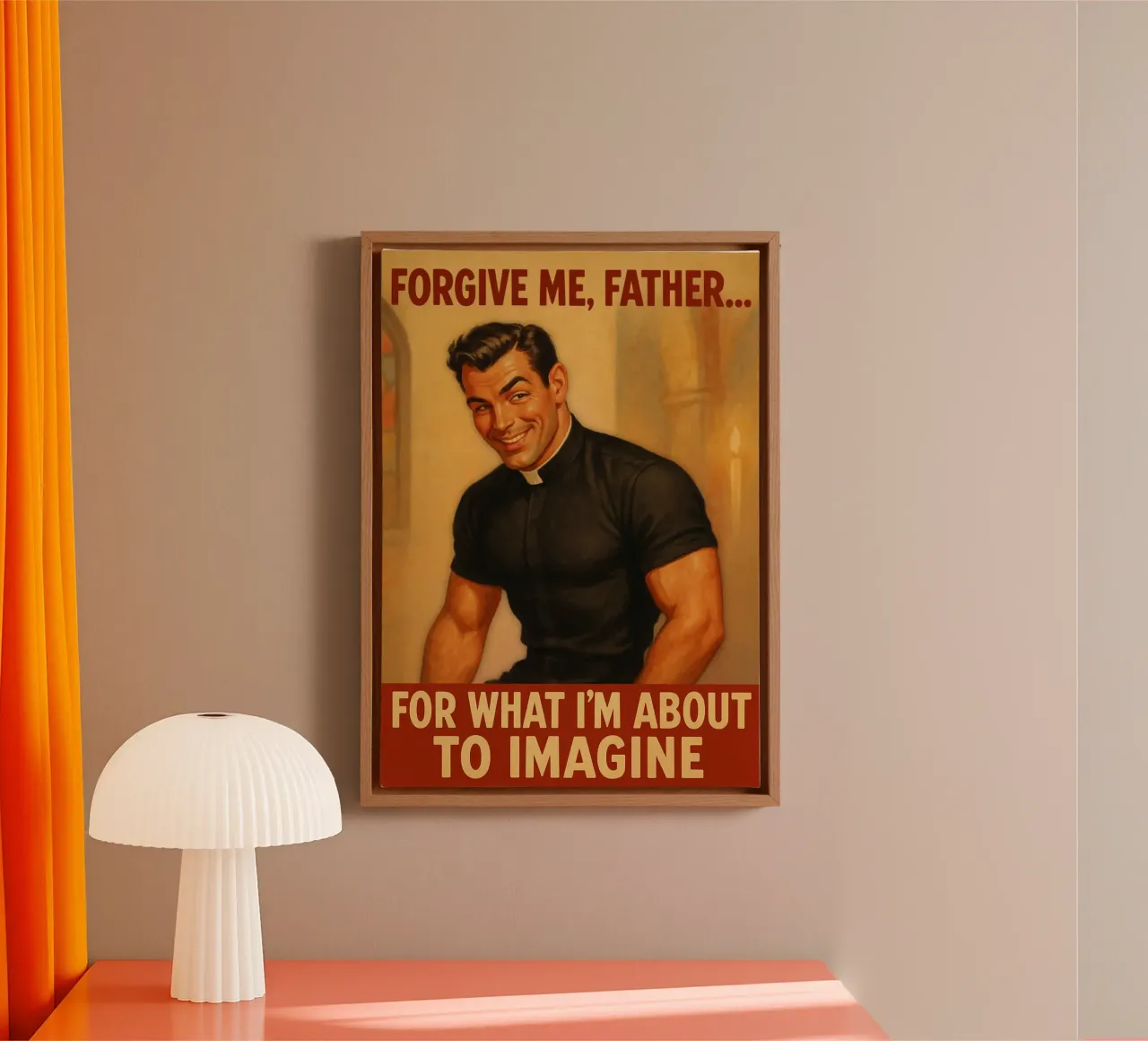 Vergeef me Vader, mannelijke pinup poster canvas met Baklijst van Hecate Pim Designs