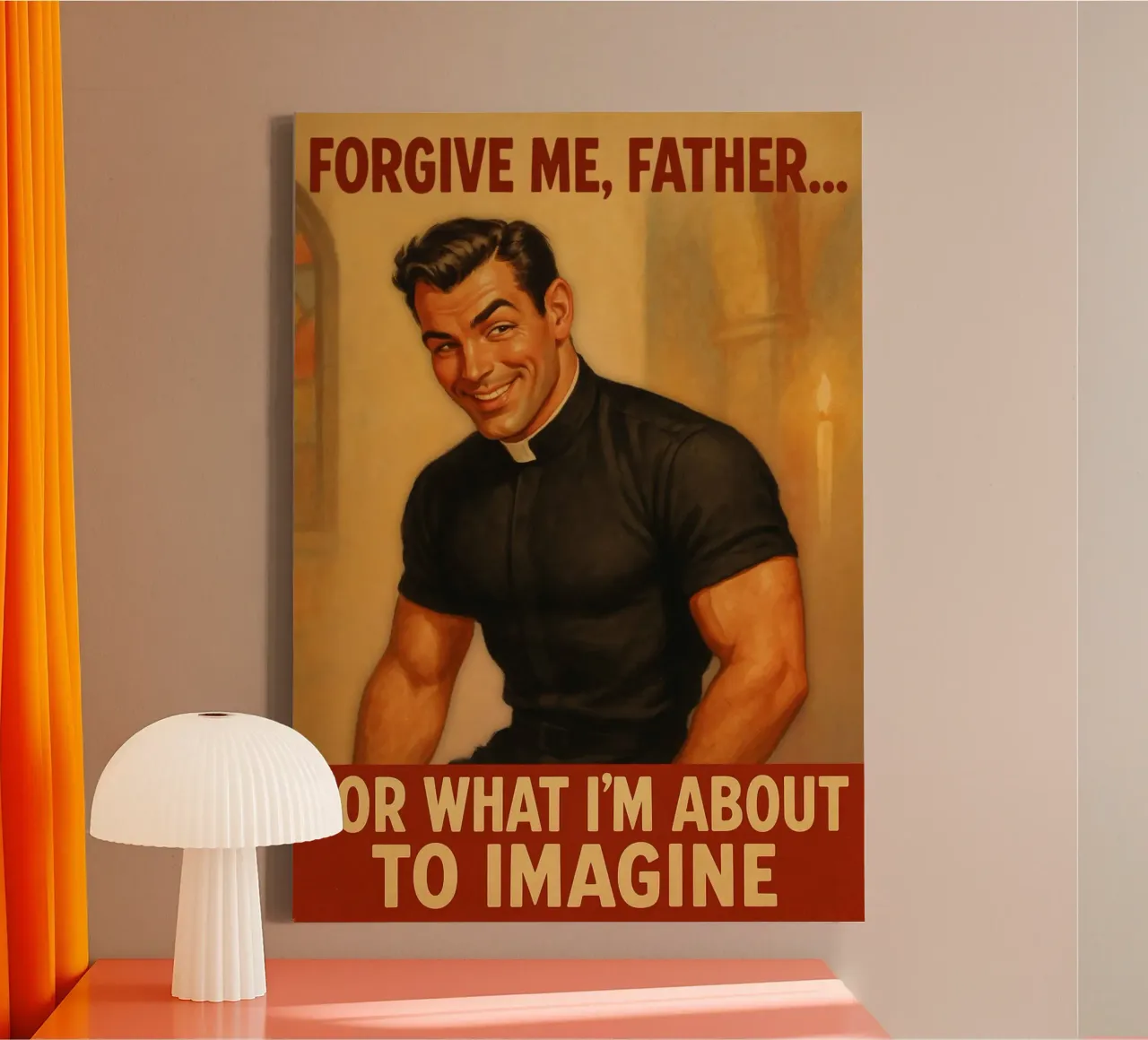 Vergeef me Vader, mannelijke pinup poster canvas met Baklijst van Hecate Pim Designs