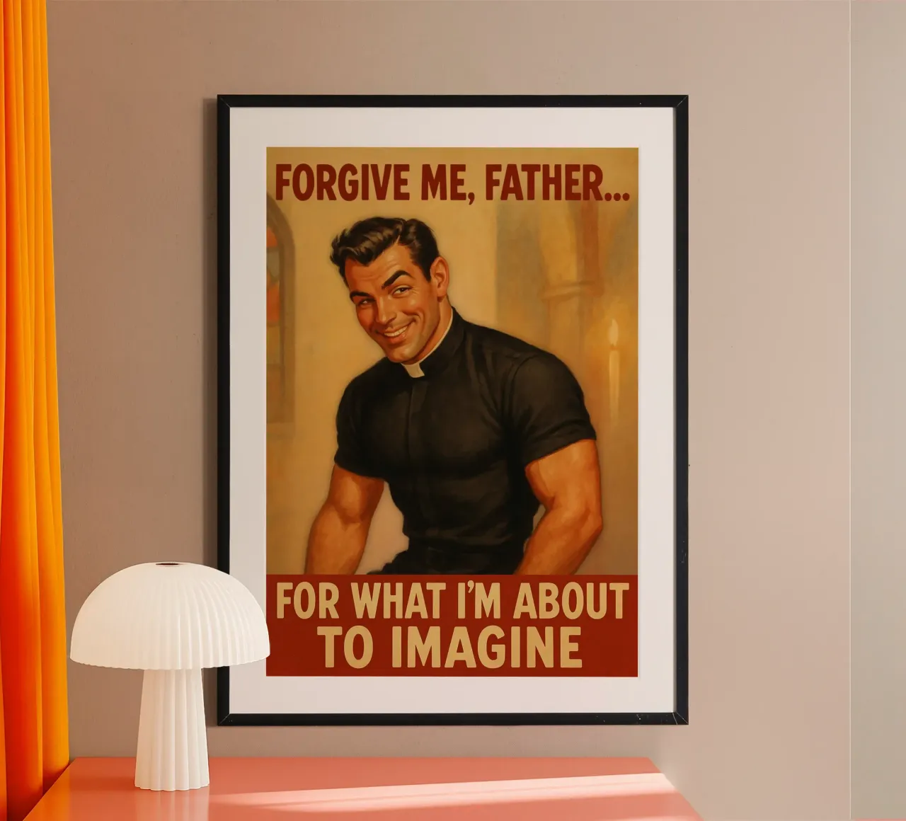 Perdonami padre, poster pinup maschile poster con telaio in legno da Hecate Pim Designs