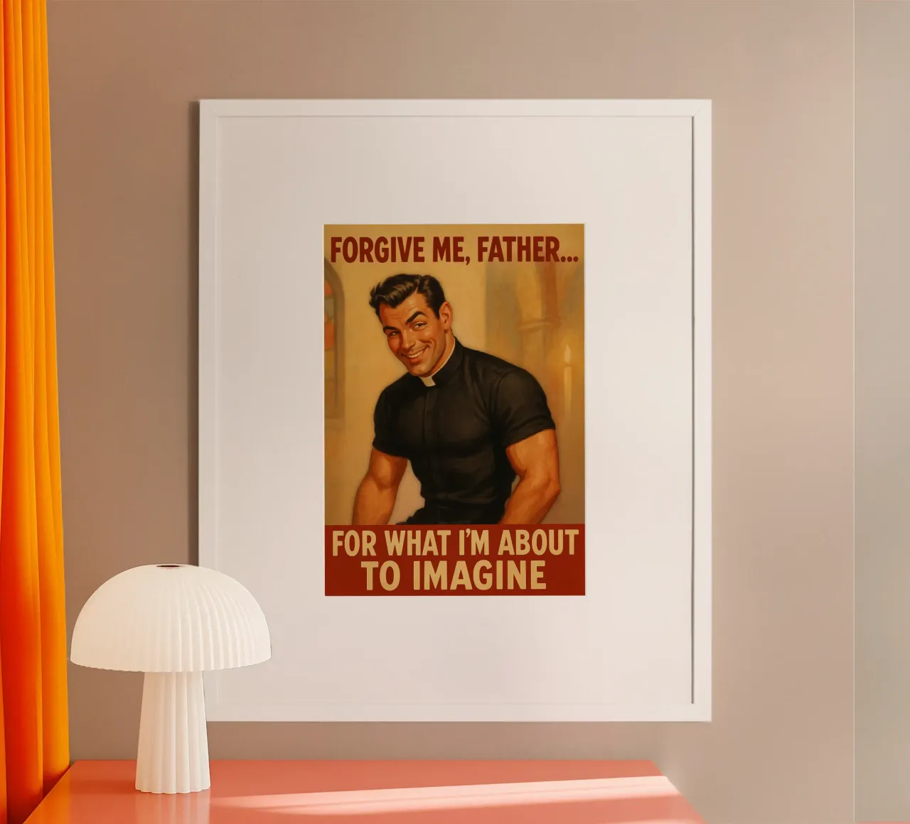 Perdonami padre, poster pinup maschile poster con telaio in legno da Hecate Pim Designs