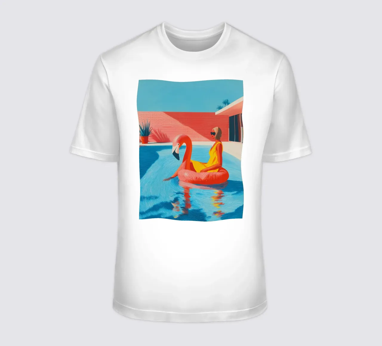 Donna, fenicottero, piscina e un po' di Hockney t-shirt da Autofocus