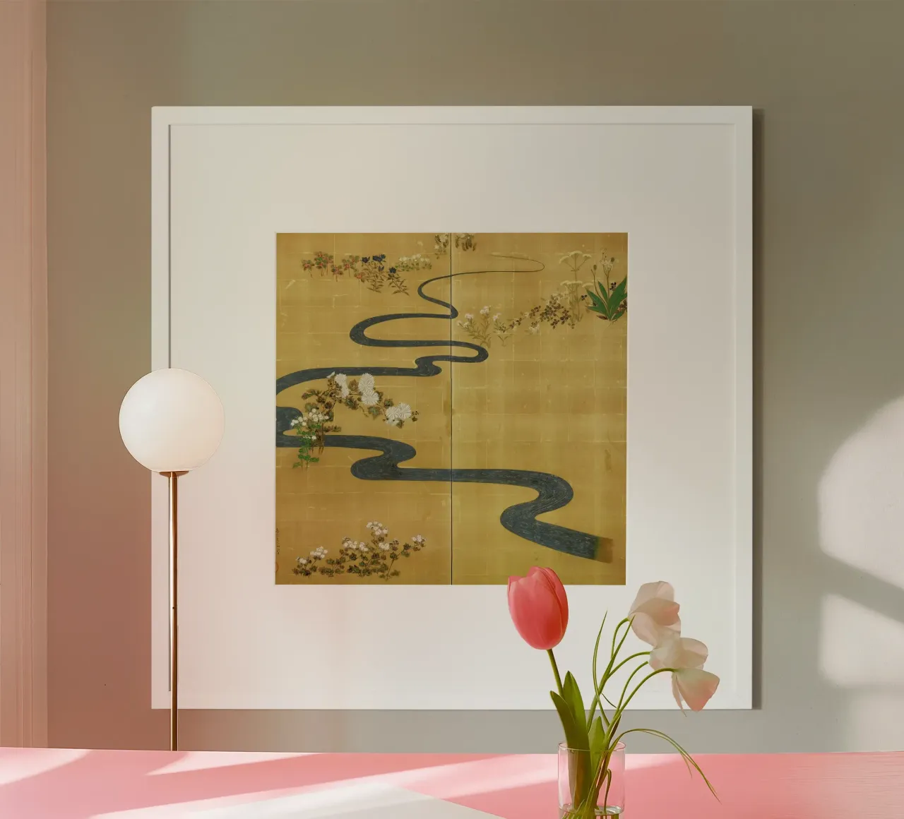 A Stylised Stream Flowing Amongst Autumn Flowers poster con telaio in legno da ARTOTHEK