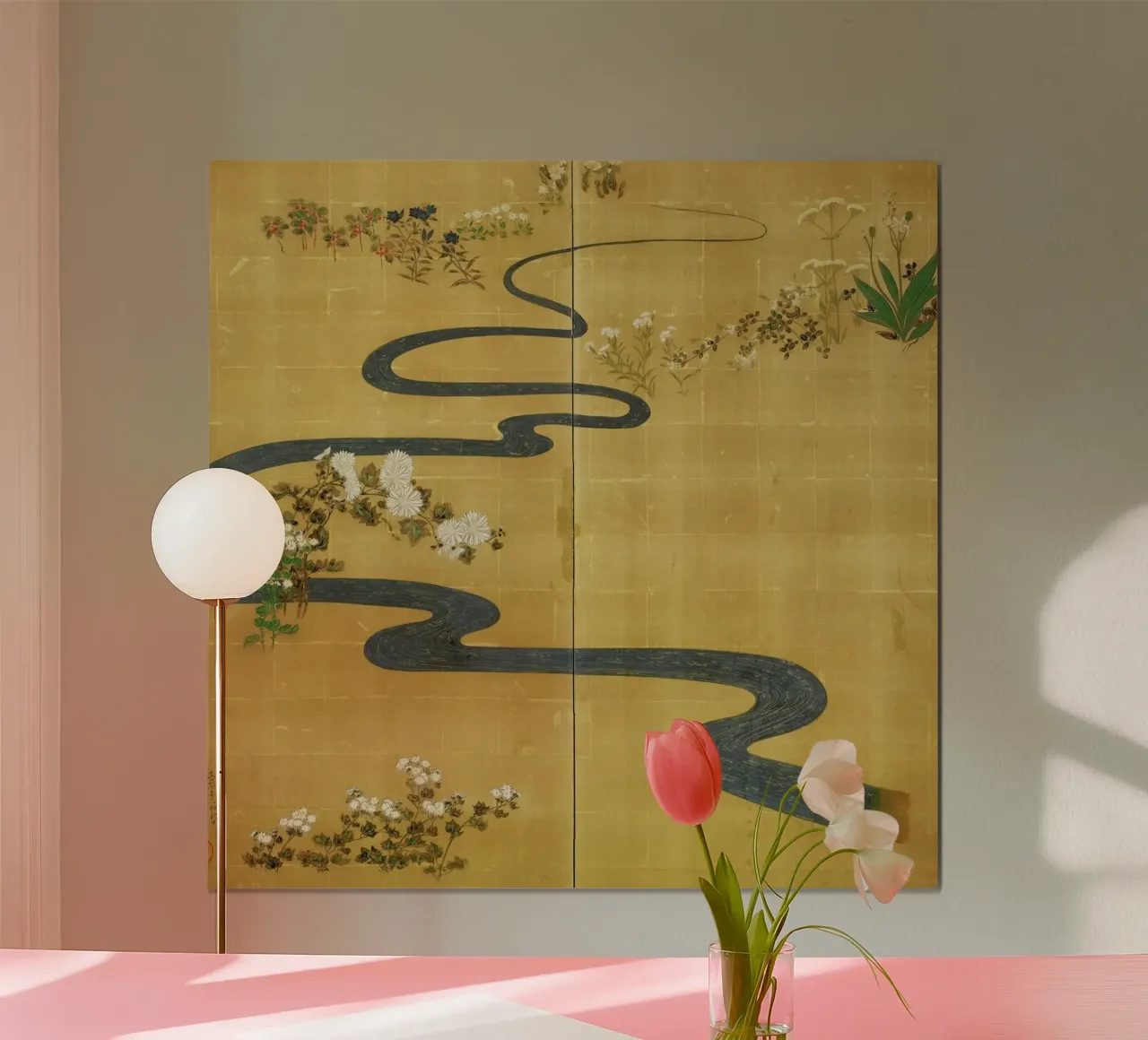 A Stylised Stream Flowing Amongst Autumn Flowers poster con telaio in legno da ARTOTHEK