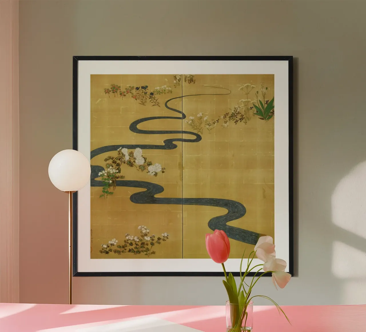 A Stylised Stream Flowing Amongst Autumn Flowers poster con telaio in legno da ARTOTHEK