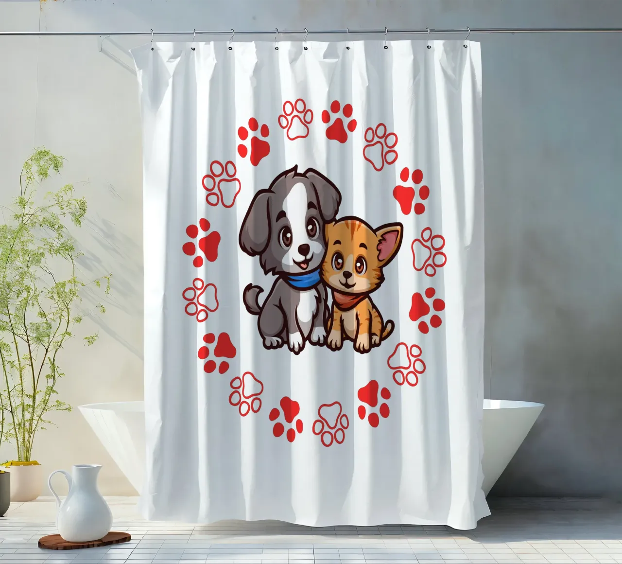 Due simpatici cani e zampe rotonde in un quadro armonioso tenda da doccia da StrindesignStudio