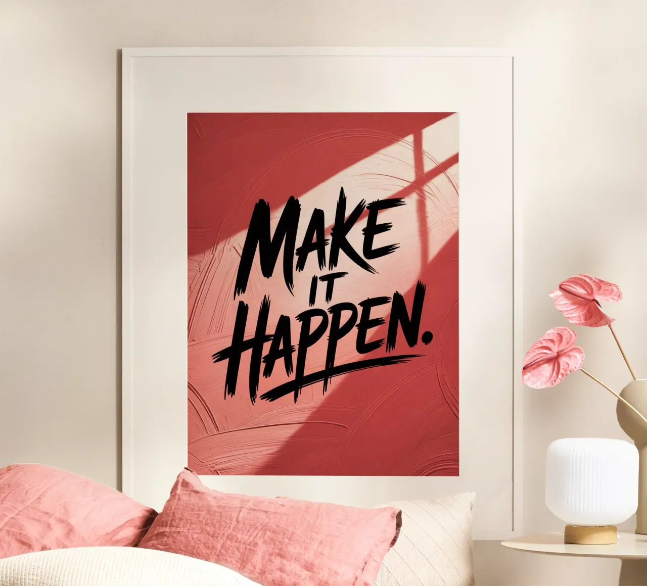 Make It Happen - Rotes strukturiertes Motivationsposter Hahnemühle von logic