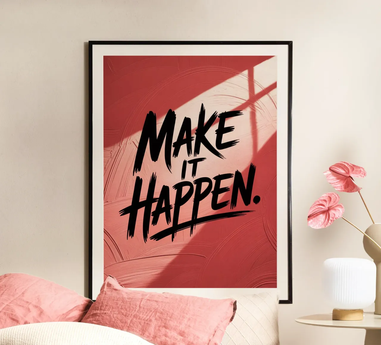 Make It Happen - Rotes strukturiertes Motivationsposter Hahnemühle von logic