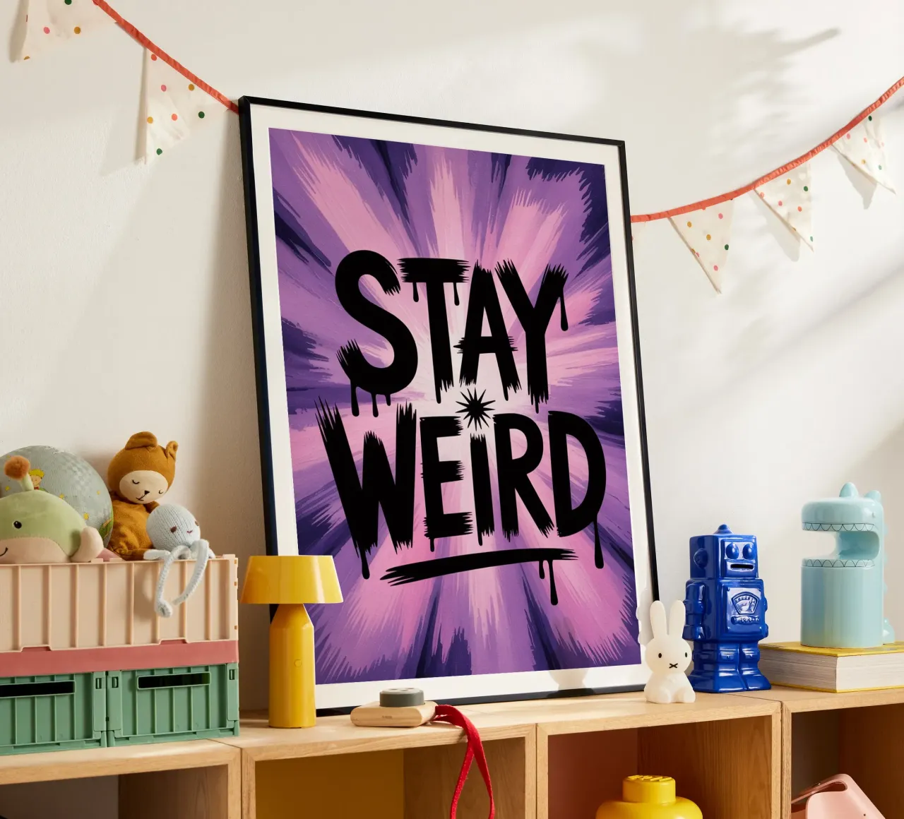 Stay Weird - Psychedelisches Zitat Poster in Lila Tönen Poster mit Aluminium Rahmen von logic