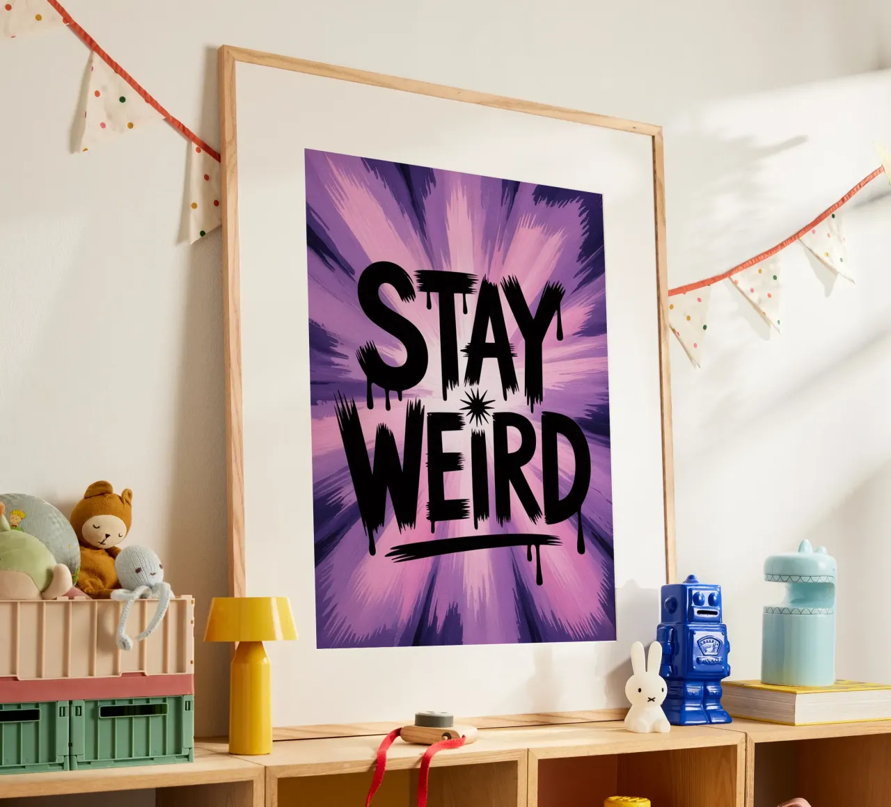 Stay Weird - Psychedelisches Zitat Poster in Lila Tönen Poster mit Aluminium Rahmen von logic