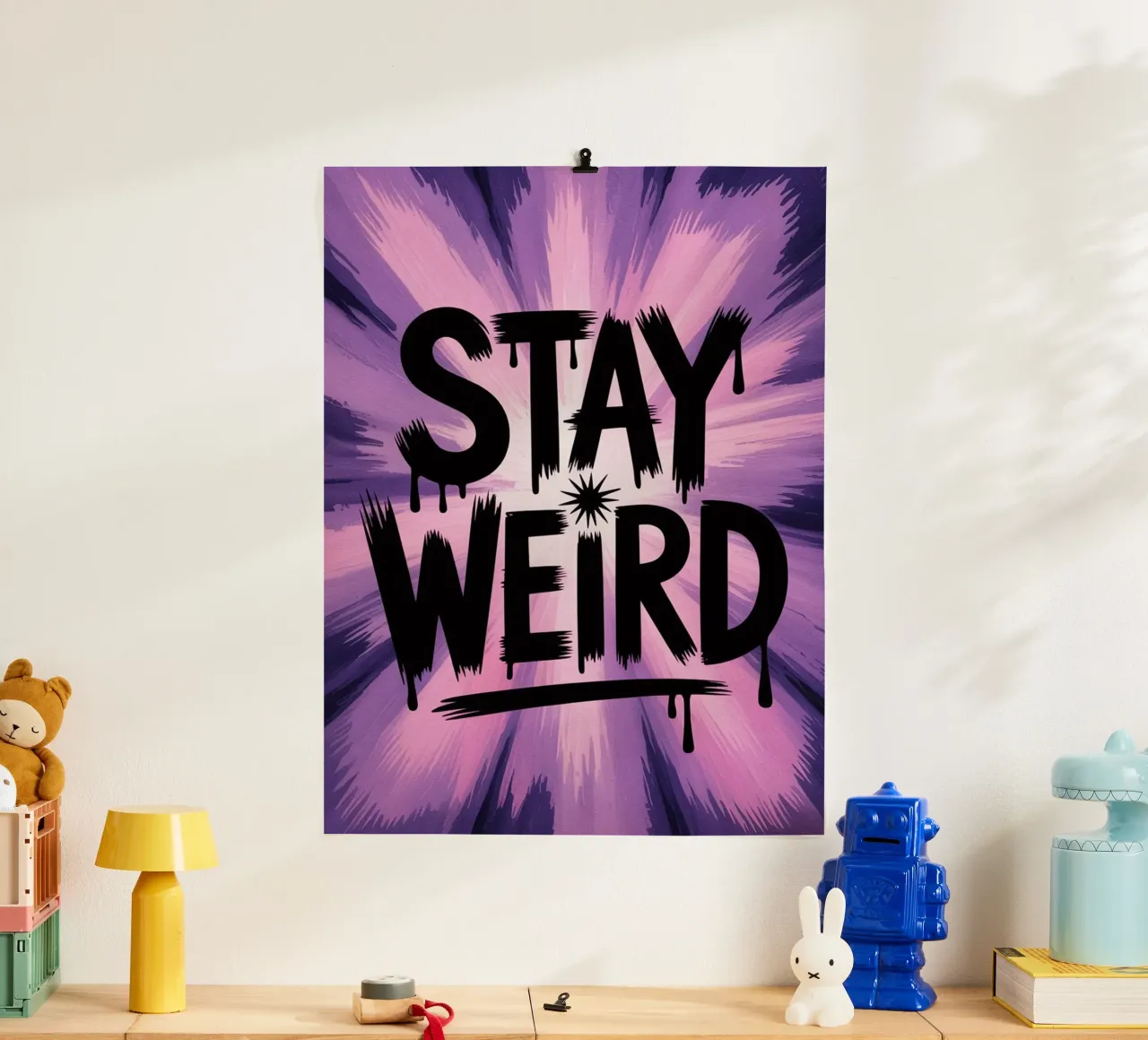 Stay Weird - Psychedelisches Zitat Poster in Lila Tönen Poster mit Aluminium Rahmen von logic