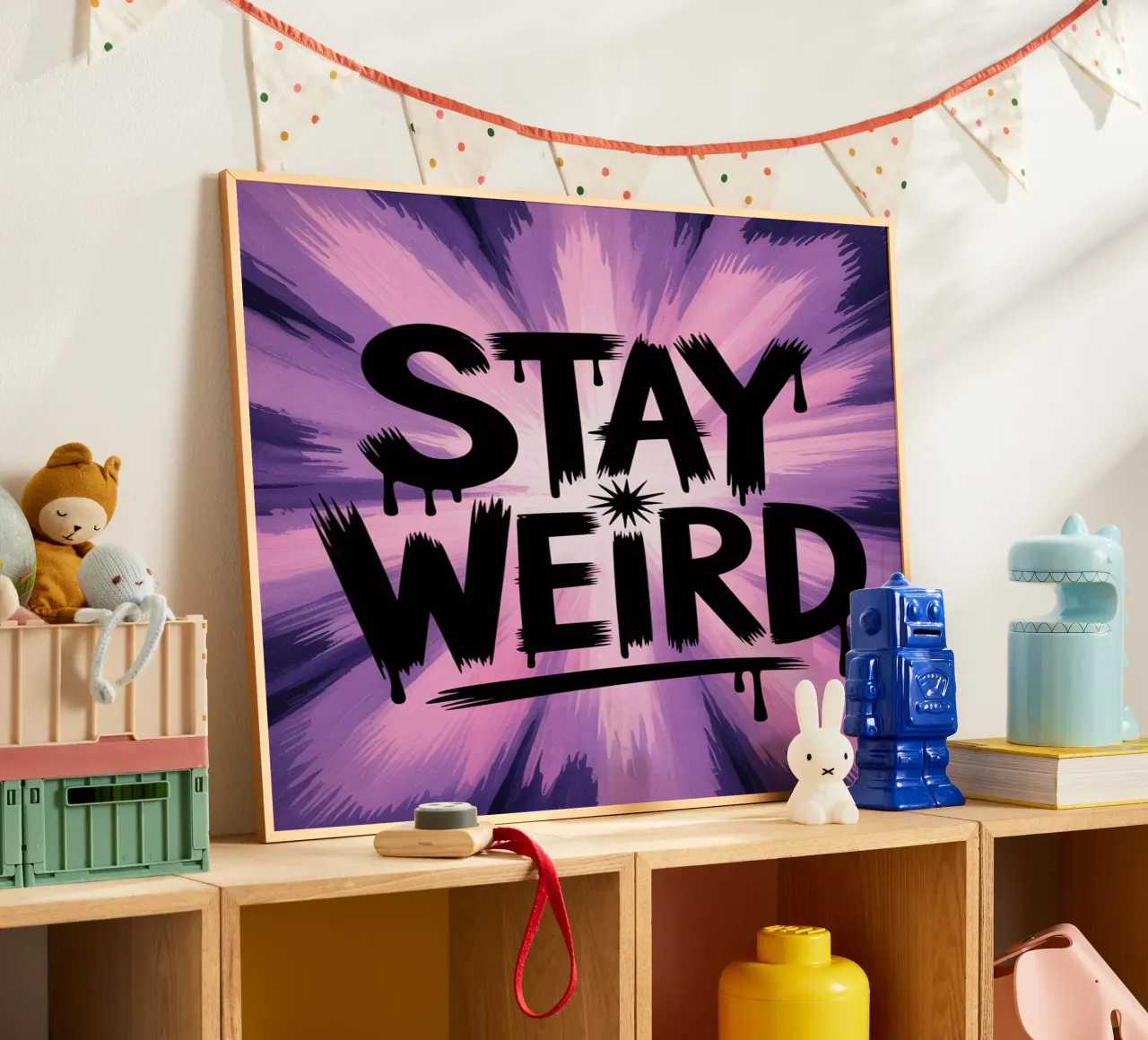 Stay Weird - Psychedelisches Zitat Poster in Lila Tönen Poster mit Aluminium Rahmen von logic