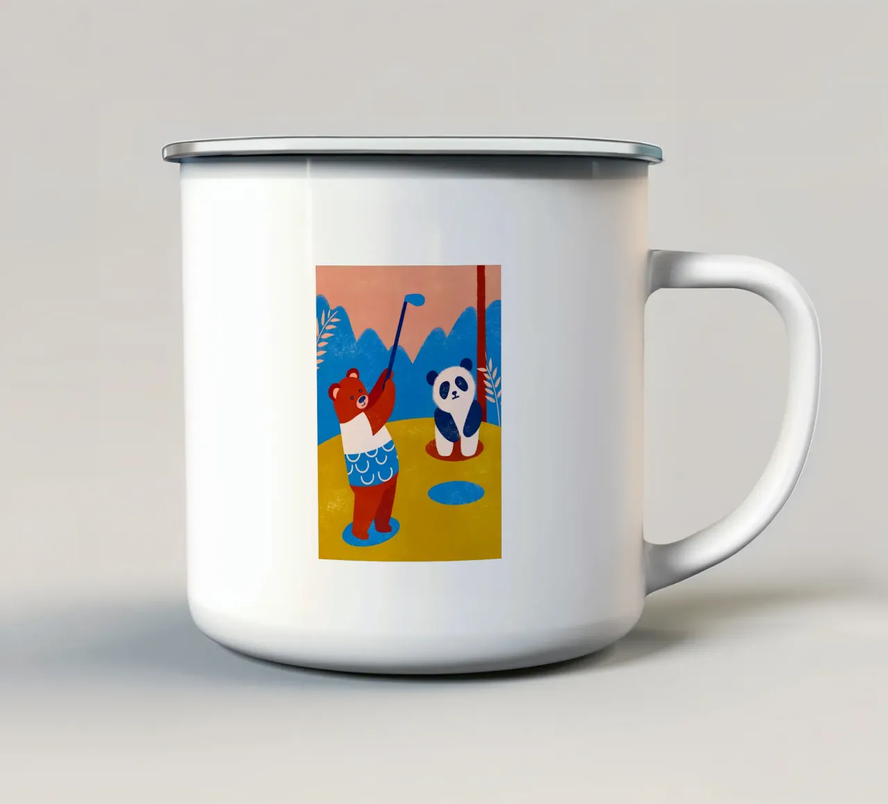 Bear and Panda Playing Golf enamel mug by THE LATEST SHOP