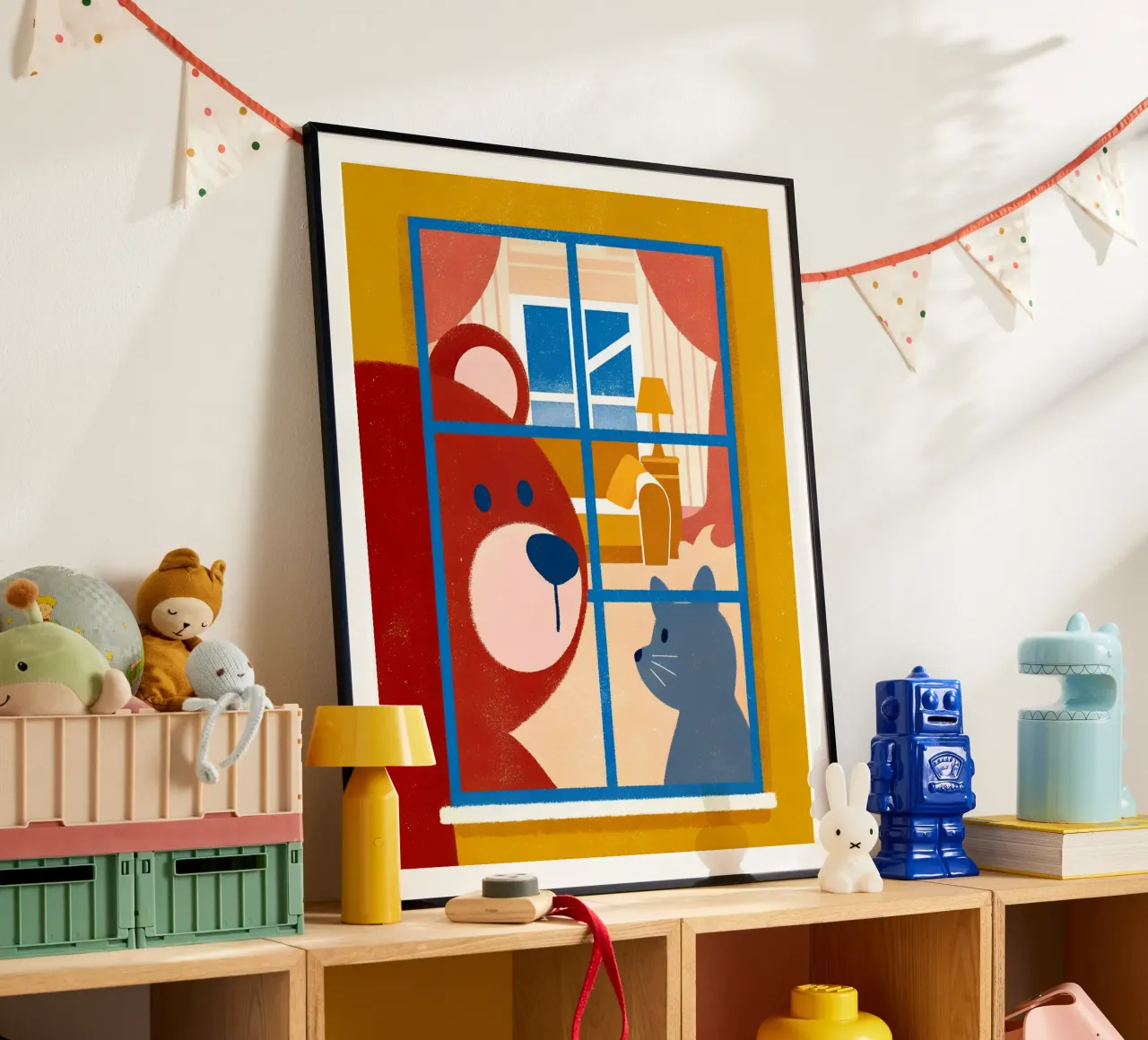 Bär guckt aus dem Fenster Poster mit Aluminium Rahmen von THE LATEST SHOP