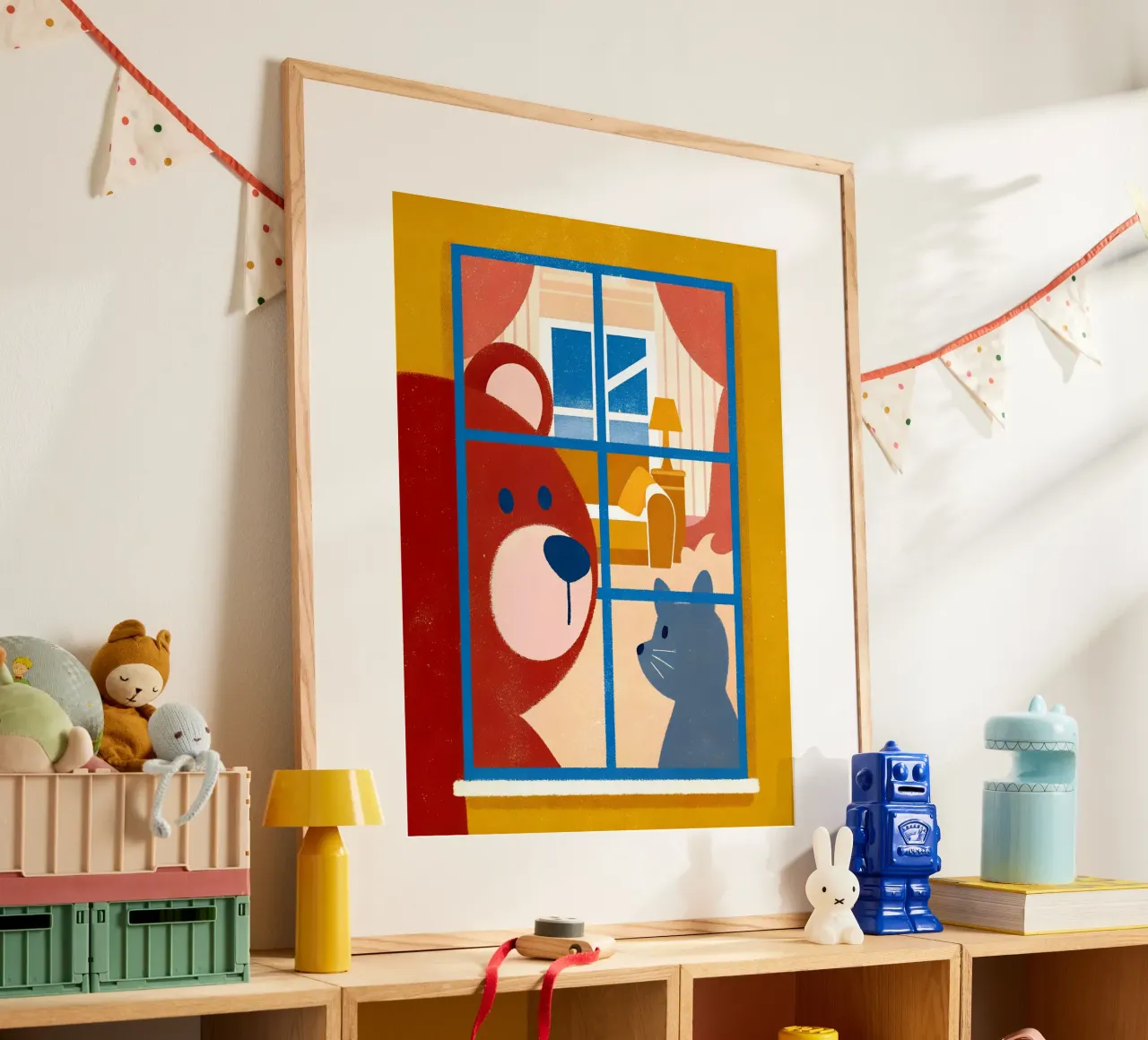 Bär guckt aus dem Fenster Poster mit Aluminium Rahmen von THE LATEST SHOP