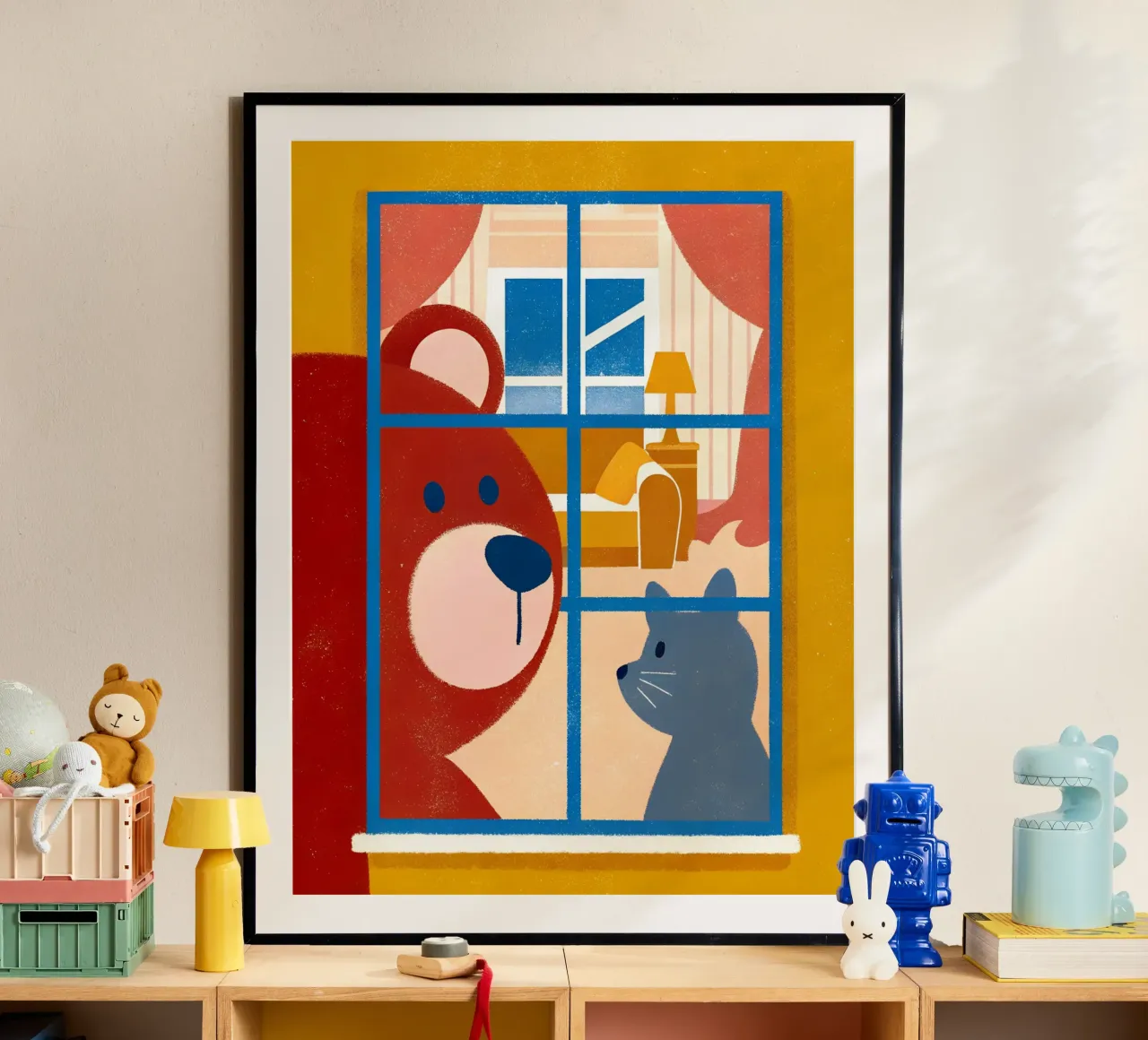 Bär guckt aus dem Fenster Poster mit Aluminium Rahmen von THE LATEST SHOP