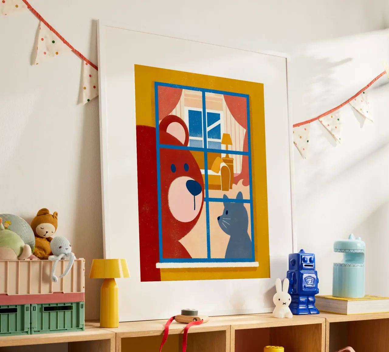 Bär guckt aus dem Fenster Poster mit Aluminium Rahmen von THE LATEST SHOP