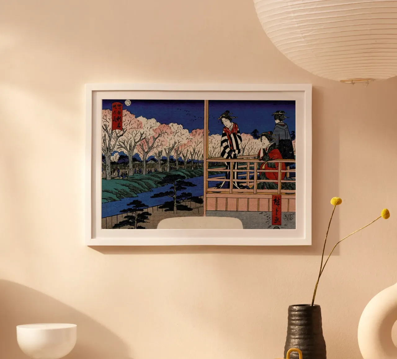 Hiroshige - Cherry Blossoms on the Bank at Shinjuku, Yotsuya poster con telaio in plastica da ARTOTHEK