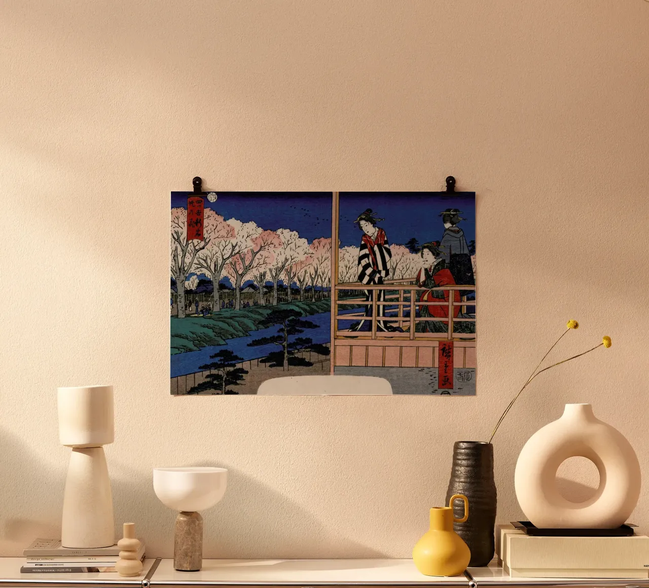 Hiroshige - Cherry Blossoms on the Bank at Shinjuku, Yotsuya poster con telaio in plastica da ARTOTHEK