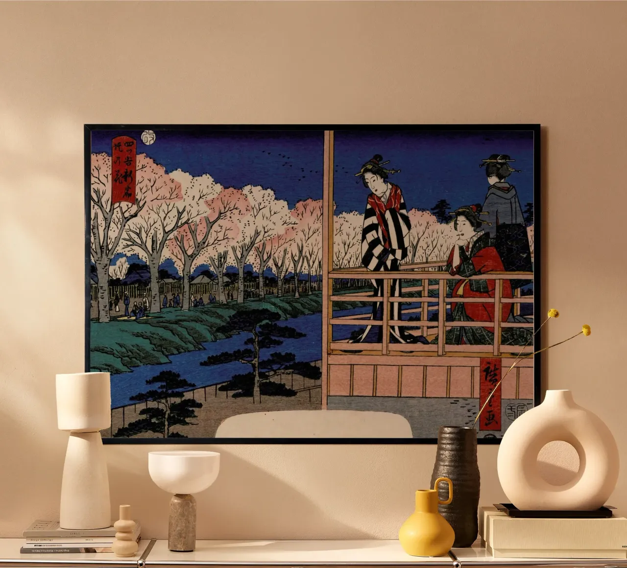 Hiroshige - Cherry Blossoms on the Bank at Shinjuku, Yotsuya poster con telaio in plastica da ARTOTHEK
