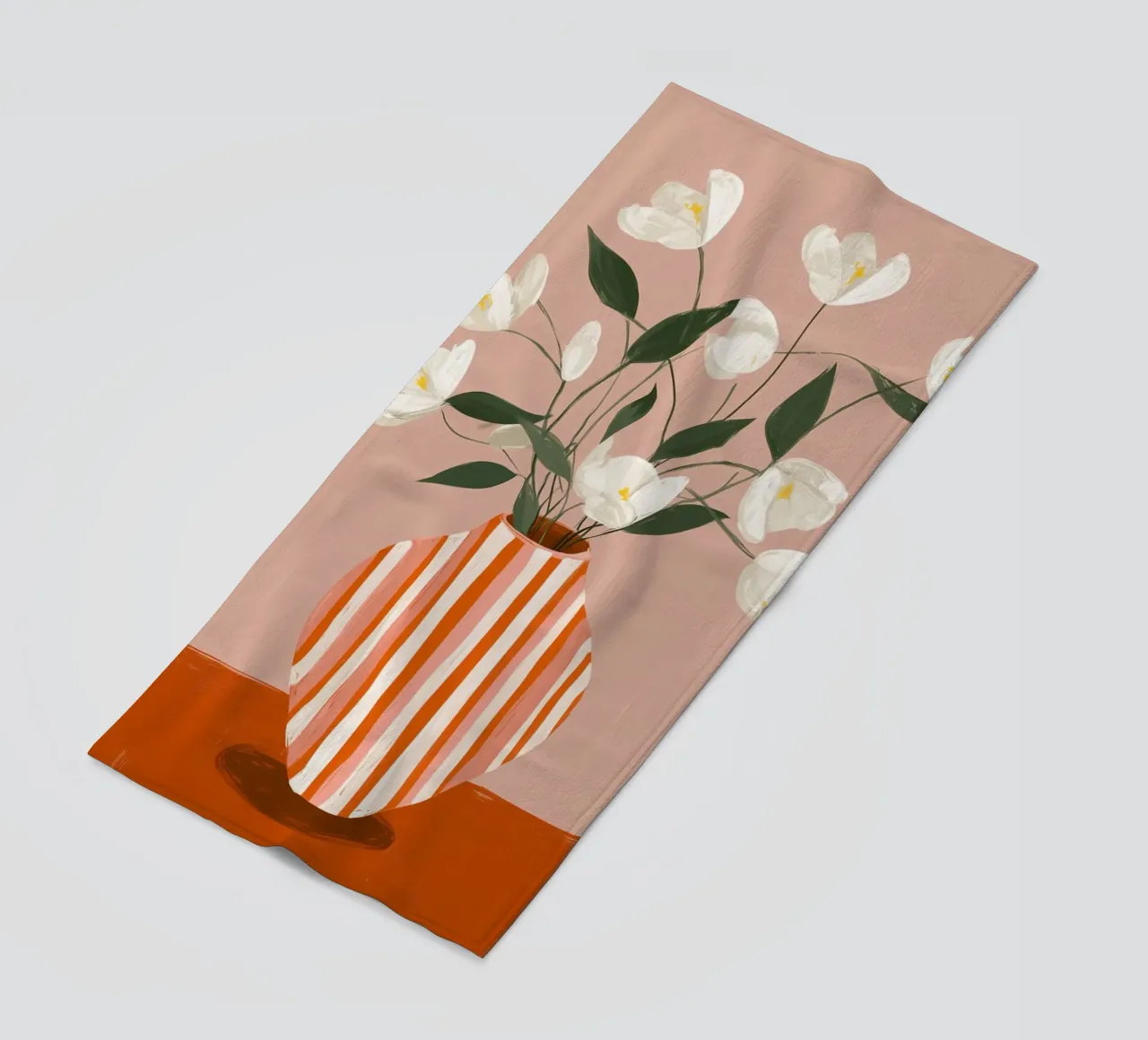 Fiori bianchi in vaso a righe Arte telo mare da Melloi Art Print