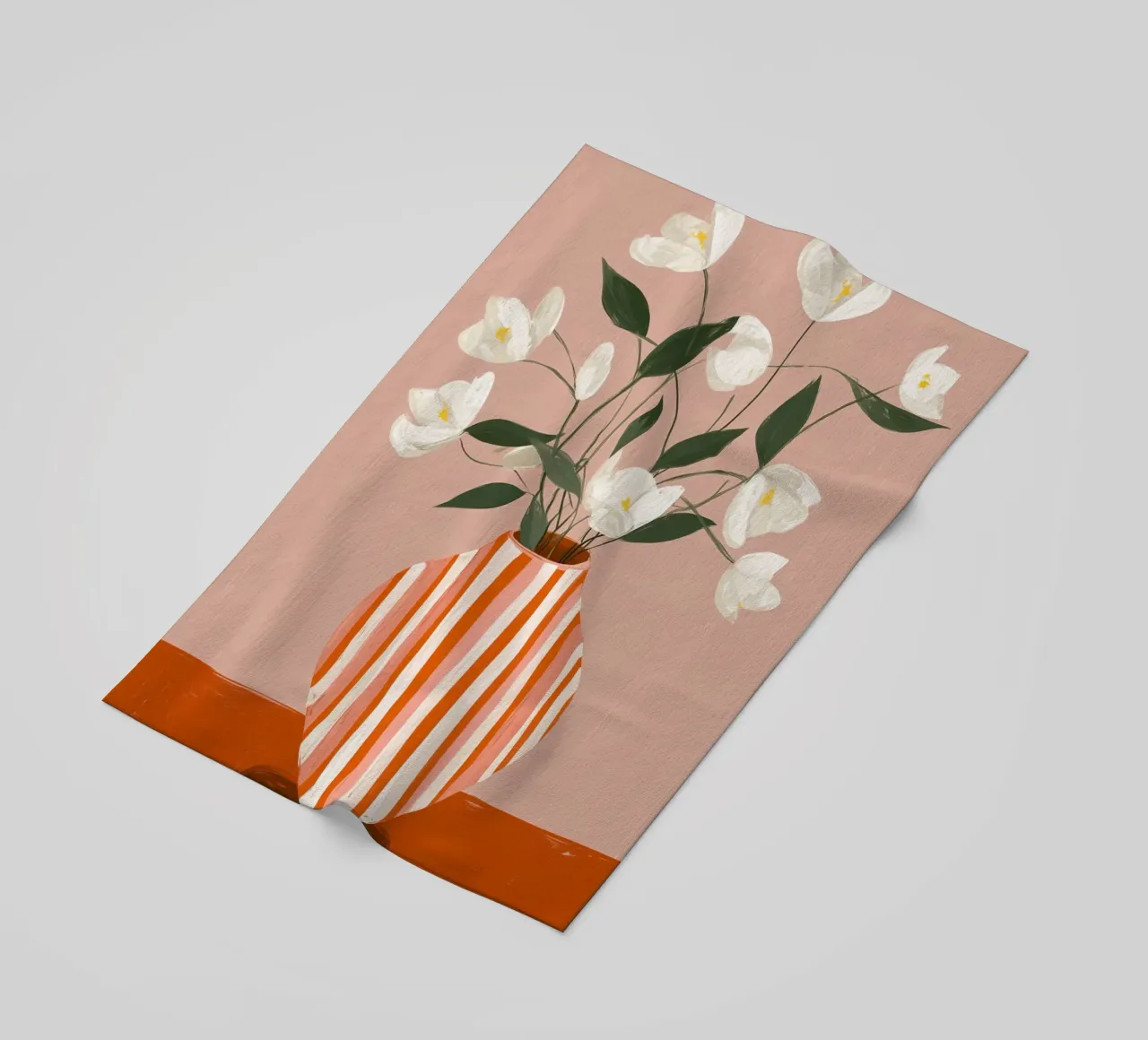 Fiori bianchi in vaso a righe Arte telo mare da Melloi Art Print