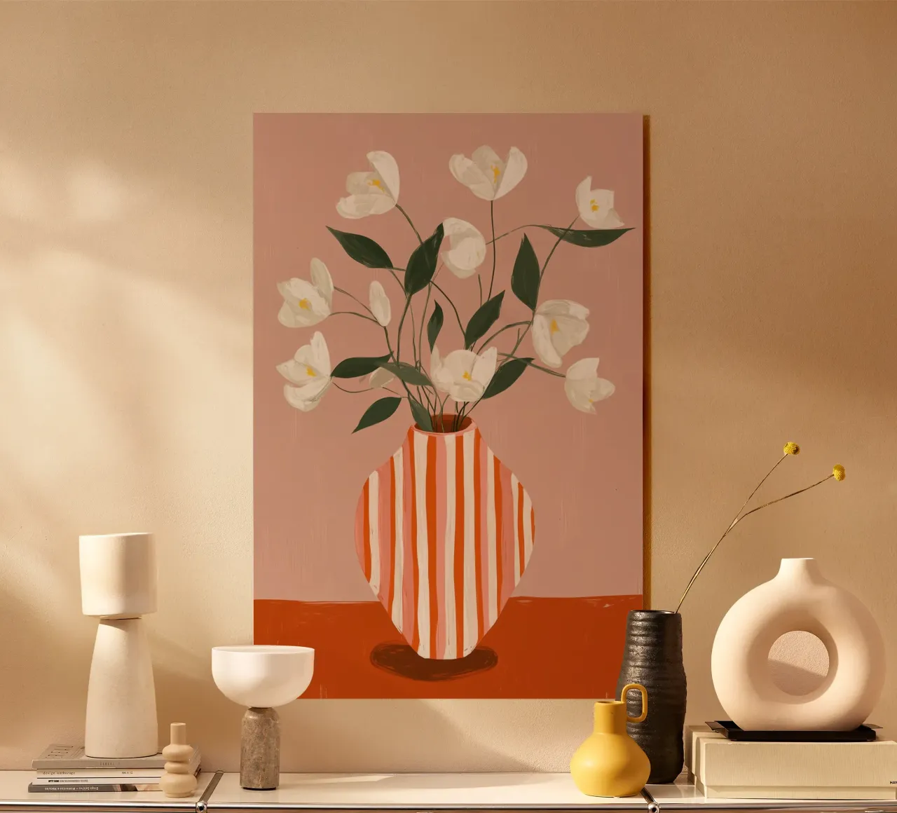 Fiori bianchi in vaso a righe Arte plexiglass da Melloi Art Print