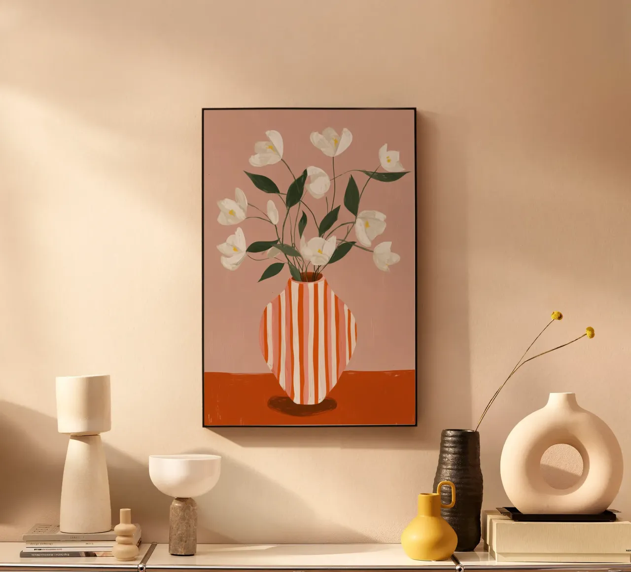 Fiori bianchi in vaso a righe Arte alluminio dibond da Melloi Art Print