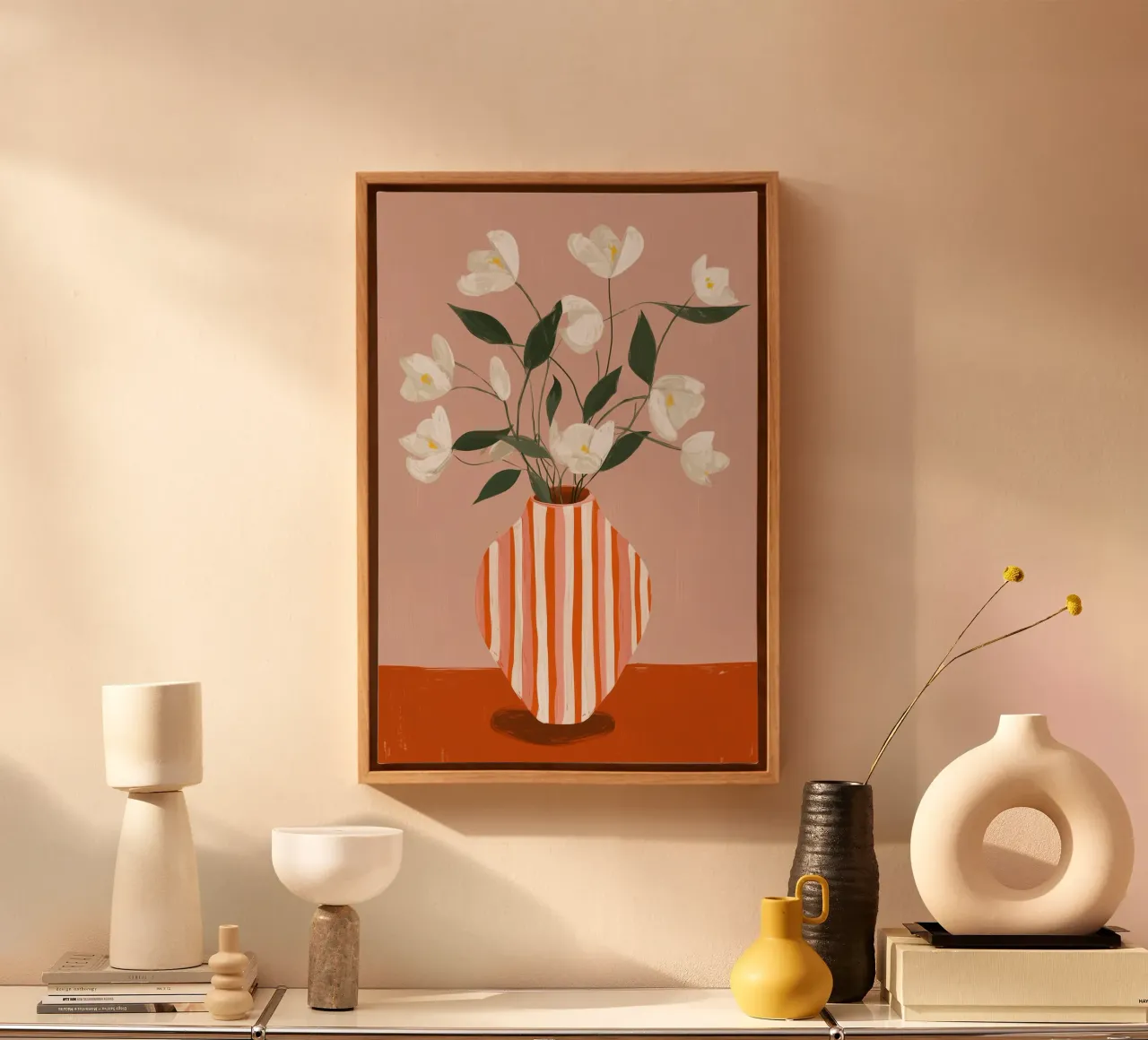White Flowers in Striped Vase Art canvas by Melloi Art Print
